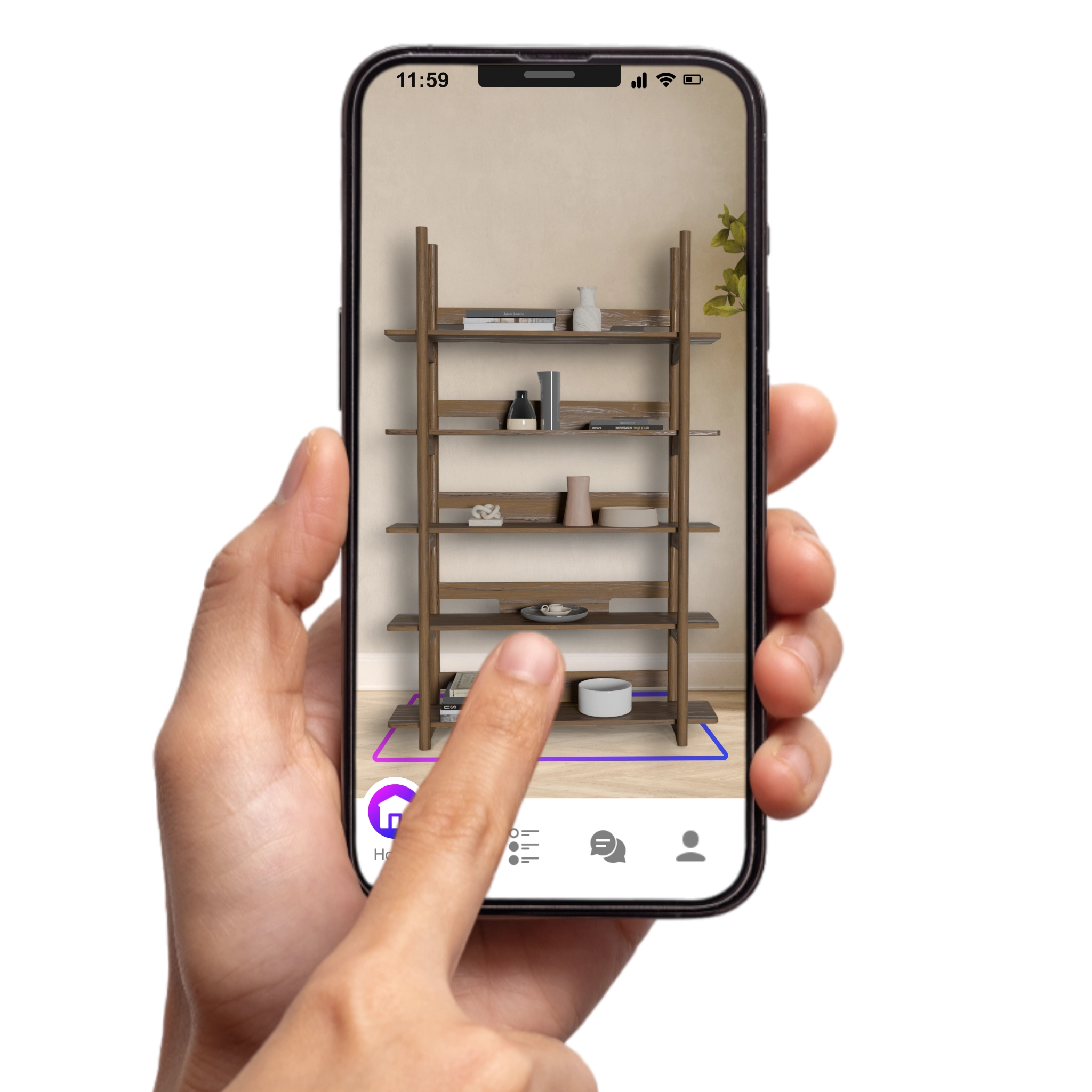 smart phone showing augmented reality bookshelf in living room