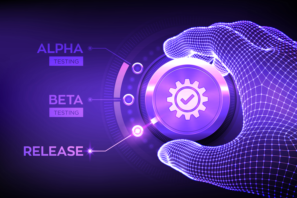 wireframe hand turning a dial with alpha, beta and release testing